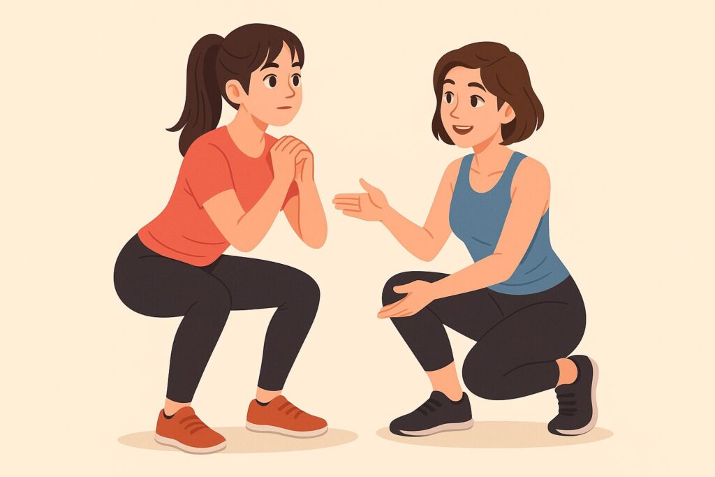 スクワットを指導する女性と指導される女性