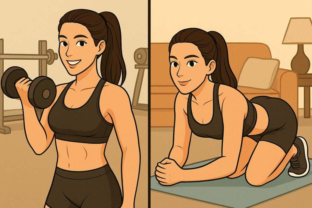 家とジムでトレーニングする女性