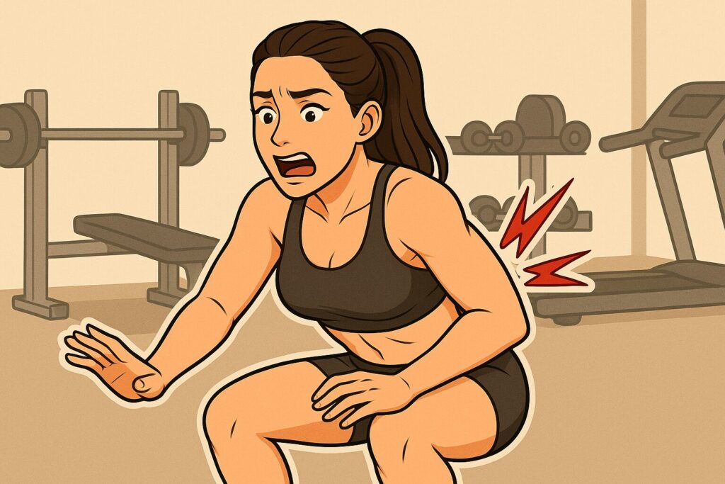 スクワット中に腰を痛める女性