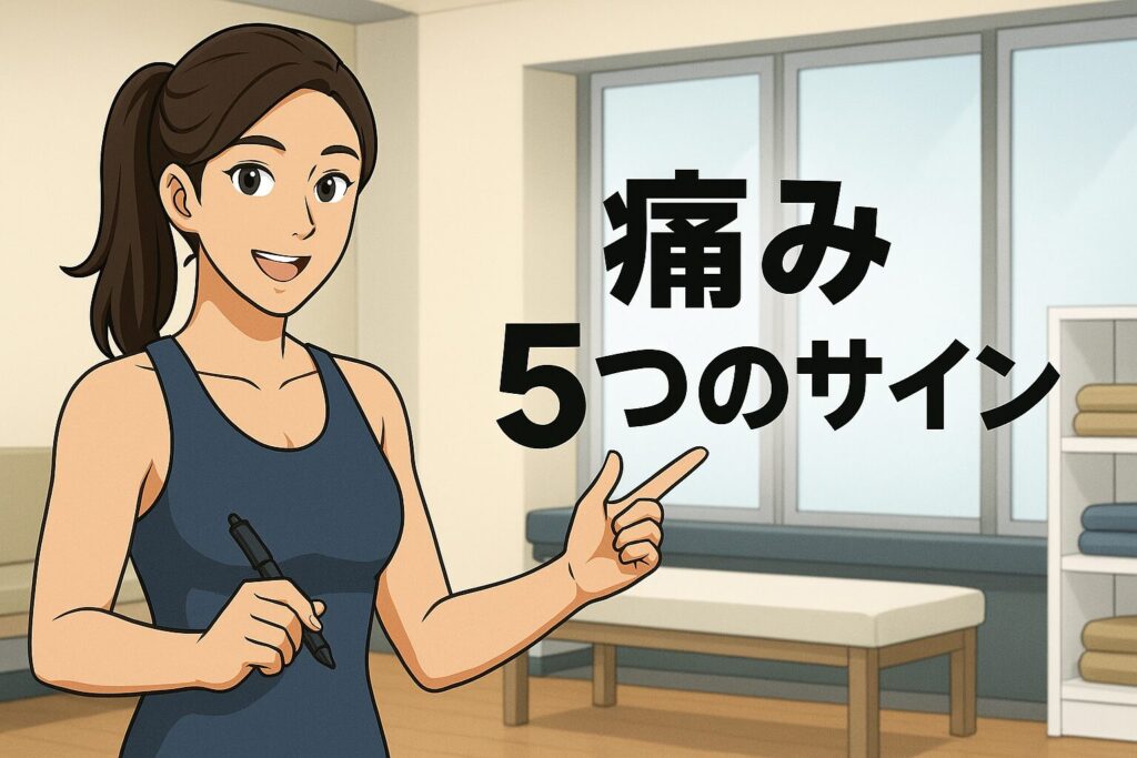 医療機関に相談すべき腰痛・足の付け根の痛み５つのサインを説明する女性トレーナー