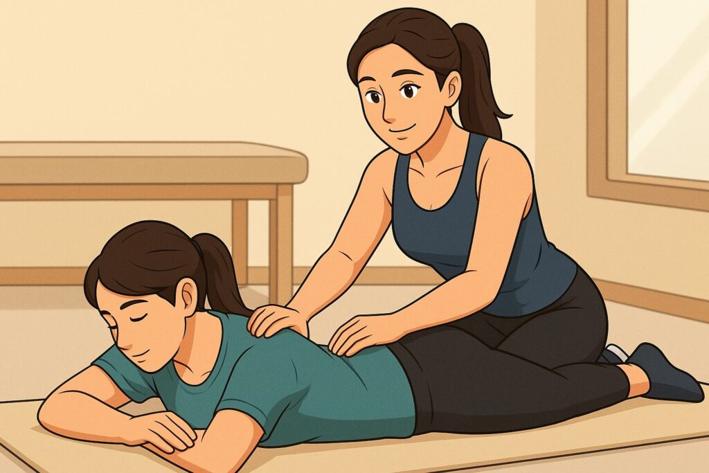 ぎっくり腰の女性に腰痛に効くツボを押す女性