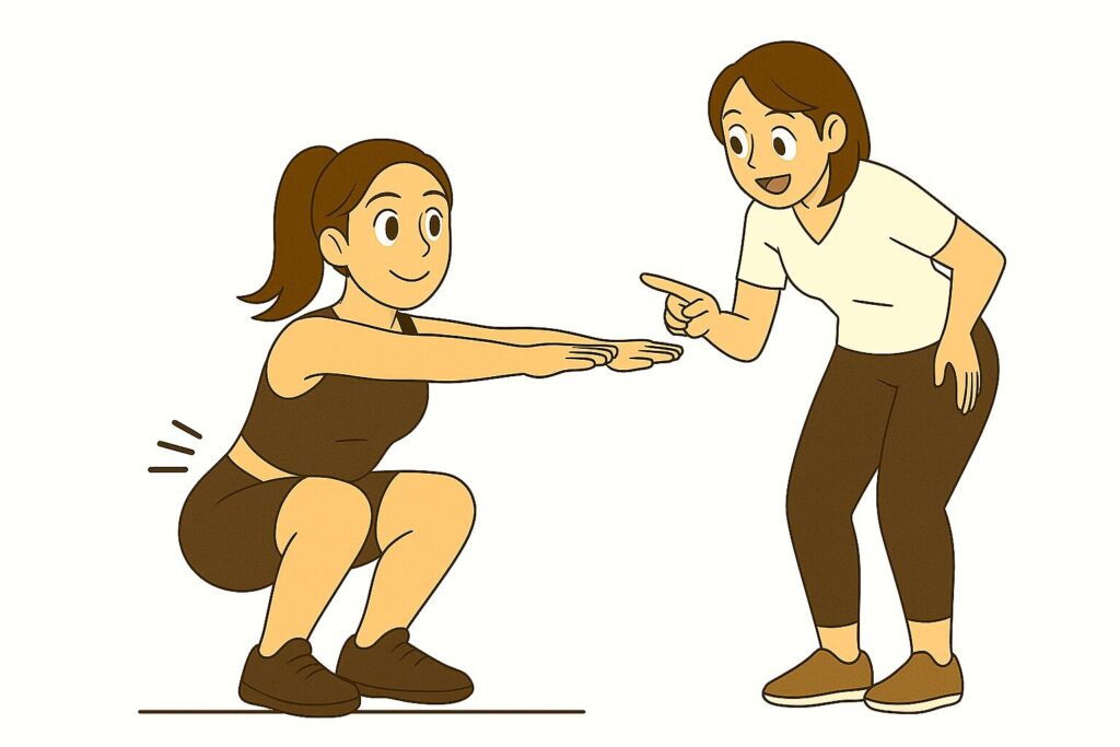 腰痛にならないためにスクワットの指導を受ける女性