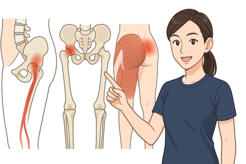 腰痛と足の付け根の痛みが同時に起こる３大メカニズムを説明する女性