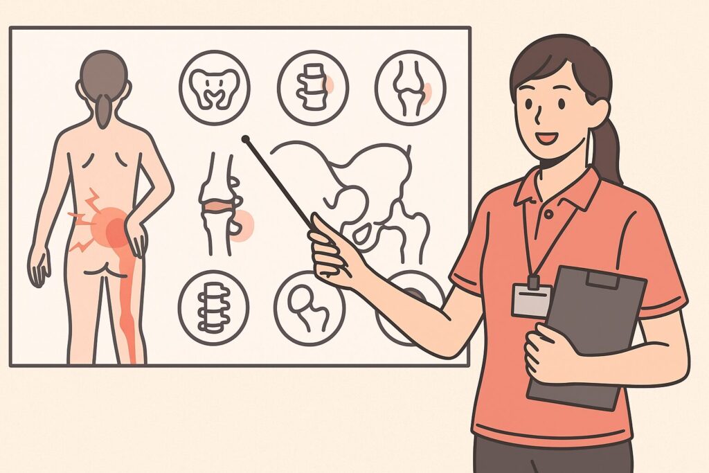 腰痛・足の付け根痛を引き起こす７つの代表疾患を説明する女性トレーナー