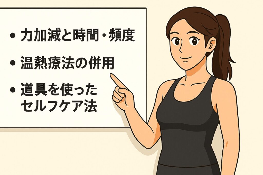 足にあるツボの効果を高めるセルフケアのポイントを教える女性