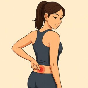 腰痛のツボ（経穴）を示す女性