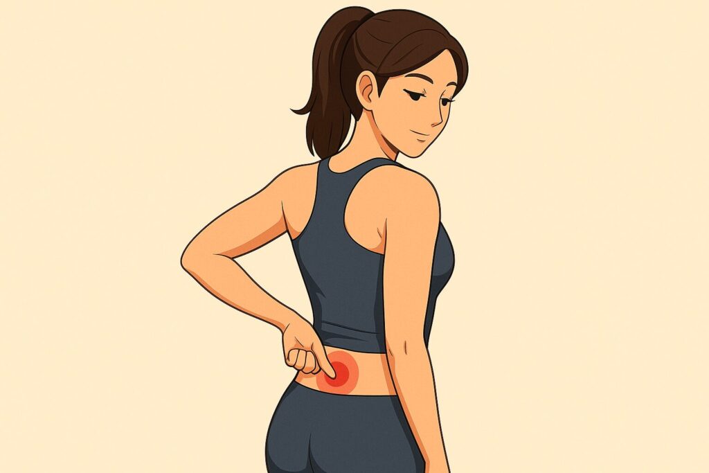 腰痛のツボ（経穴）を示す女性