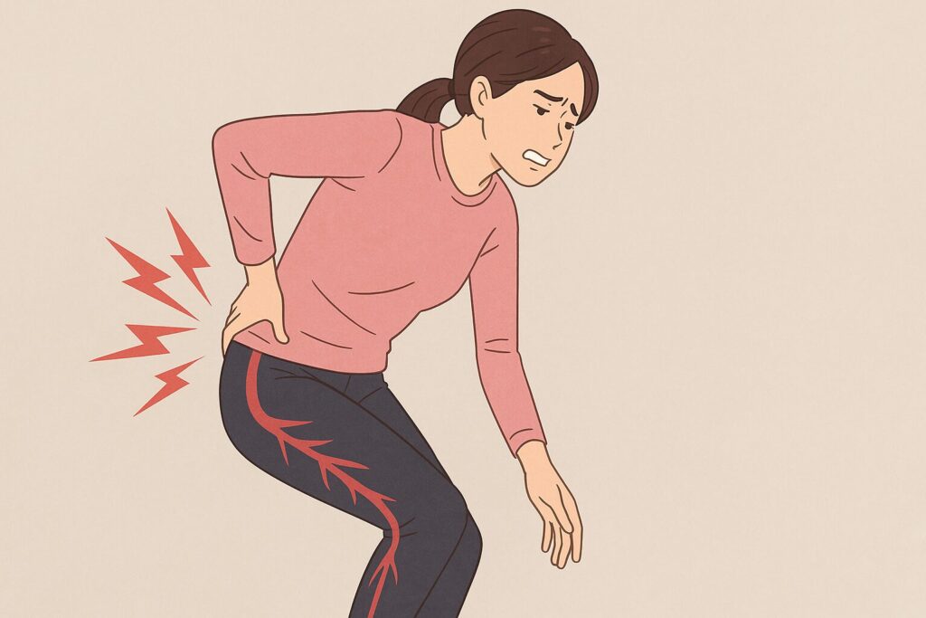 腰痛と足の付け根の痛みに苦しむ女性