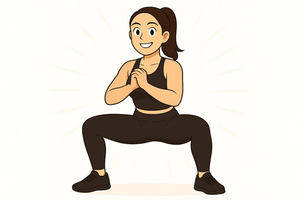 腰痛の再発予防のためのワイドスクワットを説明する女性