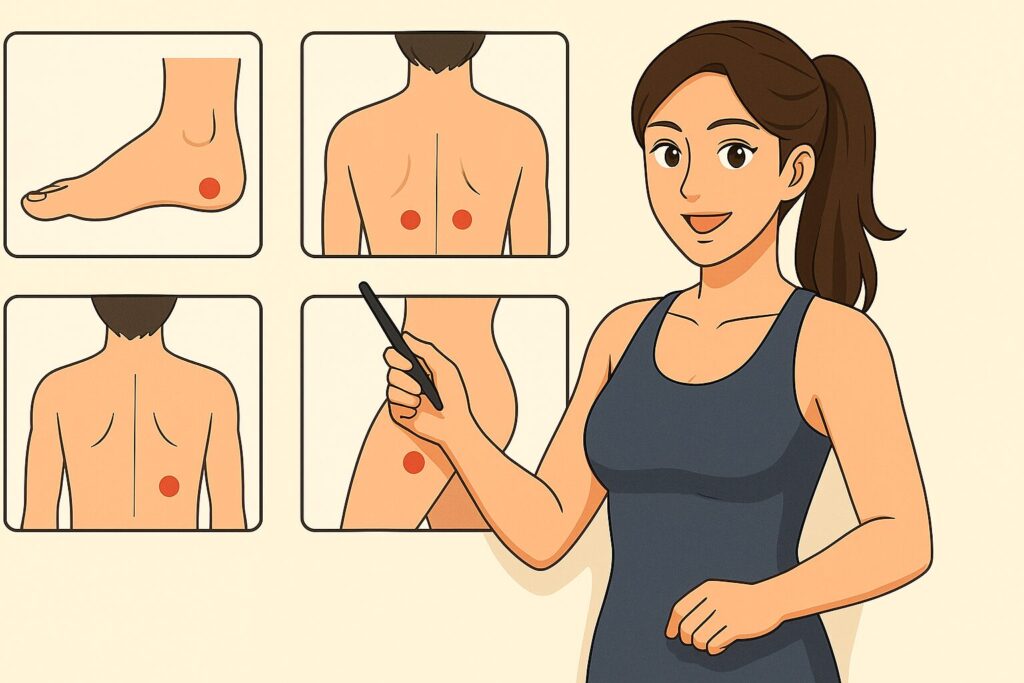腰痛のツボ代表６選｜位置・効果・押し方説明する女性