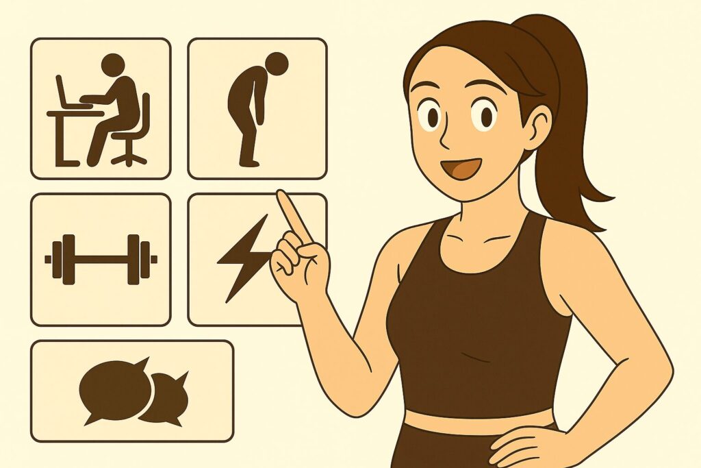 筋膜の癒着・姿勢不良・筋疲労などの筋筋膜性腰痛の5大要因を説明する女性