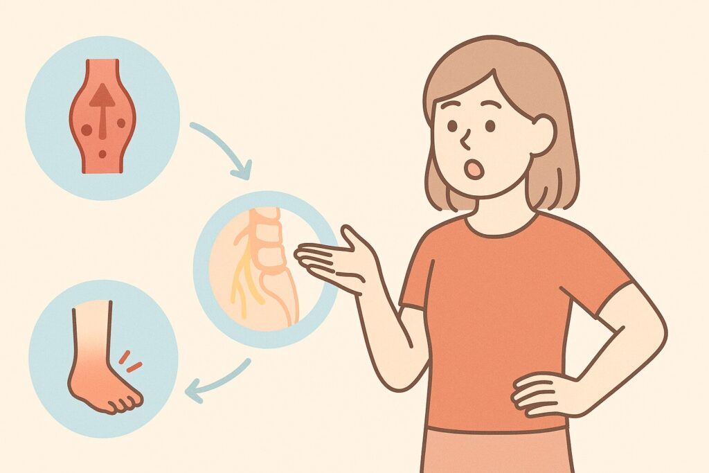 女性が足むくみ・腰痛の原因を解説している