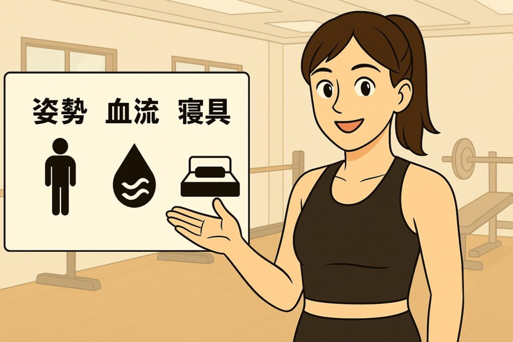 寝起き腰痛の原因は「姿勢・血流・寝具」であることを説明する女性