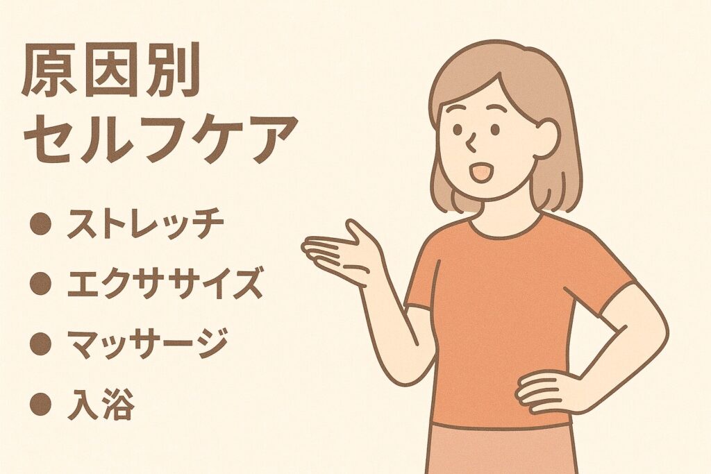足むくみと腰痛の原因別セルフケアの説明をする女性