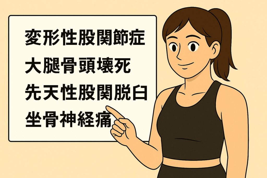 股関節の疾患を説明する女性