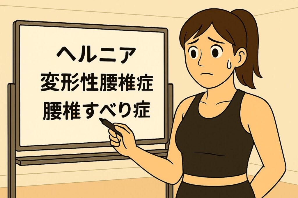 腰痛につながる疾患を説明する女性